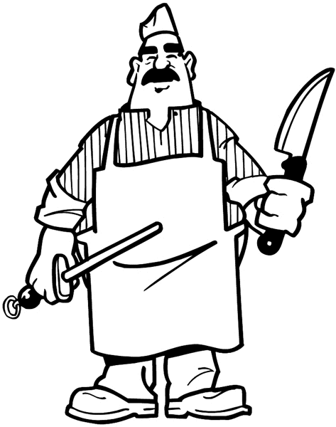 Butcher with knife sharpener vinyl sticker. Customize on line.      Butchers 016-0135  